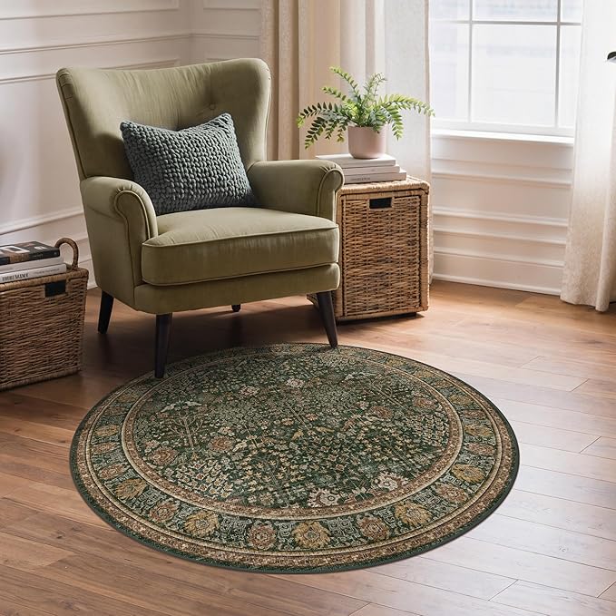3ft Round Area Rug 3x3, Washable Non Slip, Dark Green Brown | Vintage Floral, Spill Resistant, Lightweight Low Pile Non-Shedding Carpet for Bedroom, Nursery and Kitchen