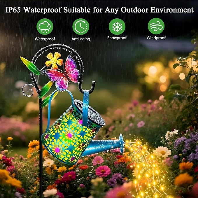 2 Pack Solar Lights Outdoor Decorative, Blue Metal Solar Watering Can Lights Waterproof, Gifts for Women Mom Grandma Birthday, Hanging Lanterns Decoration Garden Decor for Outside Yard Patio Lawn