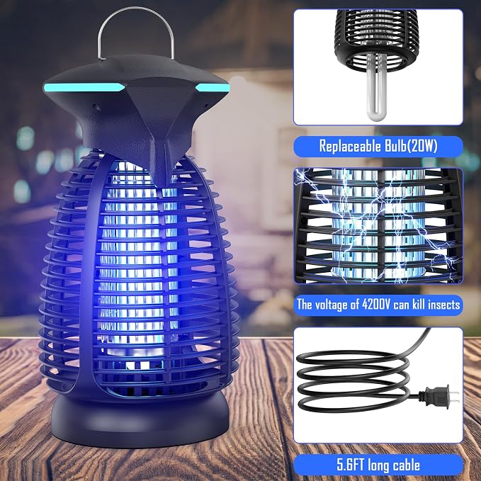 Electric Bug Zapper Outdoor, 4200V Mosquito Zapper with 20W UV Light, Plug-in Insect Killer with Removable Tray, Hanging Fly Trap for Patio, Porch, Backyard, Garage and Indoor Use