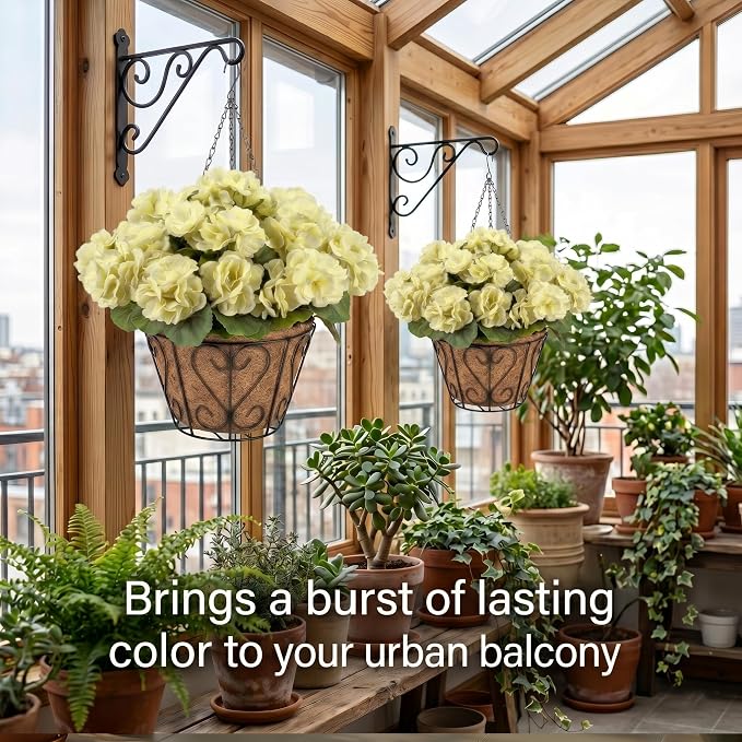 2 Pack Artificial Geraniums Flowers with Hanging Baskets,UV Resistant Silk Faux White Geranium Flowers with Hanging Planters for Outdoor Patio Balcony Front Porch Garden Home Decor