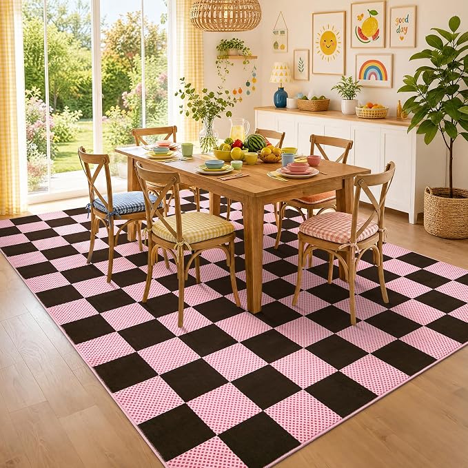 GarveeHome Checkered Brown Pink 8x10 Washable Rug for Living Room Bedroom | Pink Rug for Girl Room Nursery Large Rug for Dinning Room Low-Pile Non-Slip Soft Stain Resistant Geometric Rugs TPE Backing