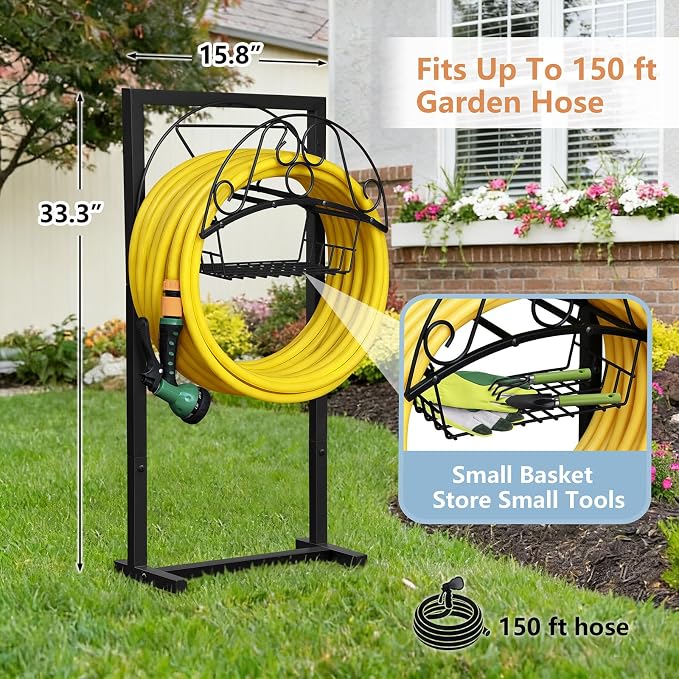 Skypatio Garden Hose Holder with Basket, Metal Water Hose Holder Holds 150ft Hose, Freestanding Hose Storage Stand with 4 Stakes, Rust-Resistant Heavy Duty Hose Hanger for Outside