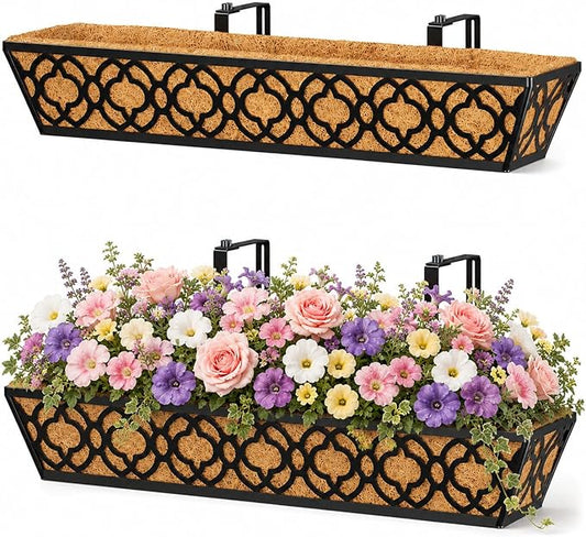 Y&M 30 Inch Railing Planter Boxes 2 Pcs 2-in-1 Heavy Duty Metal Window Box Planters with Coco Liners and Adjustable Hanging Brackets for Deck, Balcony, Patio, Porch and Garden