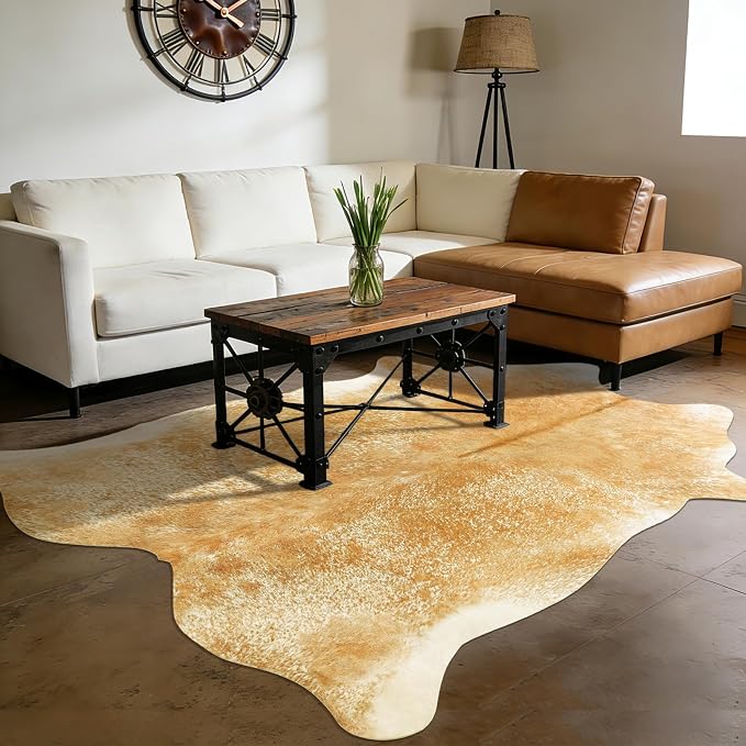 3x4Ft Beige Faux Cowhide Rug - Washable Non Slip Western Rustic Area Rugs for Living Room Bedroom, Small Cow Print Accent Rug, Layering Throw for Office Desk, Vintage Farmhouse Decor
