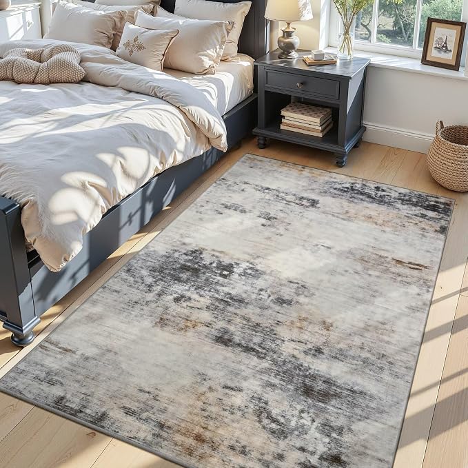 Toneed 4x6 Washable Non Slip Area Rugs for Bedroom Living Room, Grey/Brown | Abstract Soft Modern Low Pile Rug for Kitchen Hallway Office,Indoor Carpet for Kids Nursery Home Decor