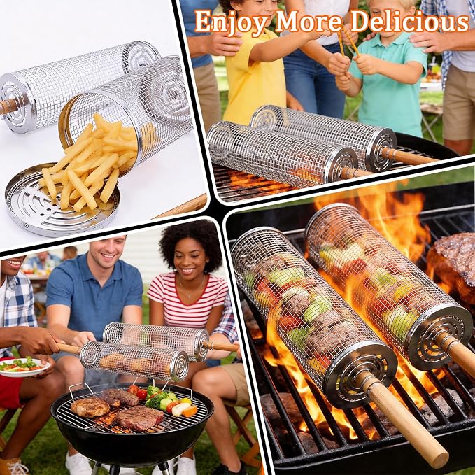 Rolling Grill Basket 2 Pcs, Removable Wooden Handle, 304 Stainless Steel, Smoker Grilling Accessories for Vegetable, Outdoor Cooking Camping, Birthday Gifts for Men Dad Husband (Large)