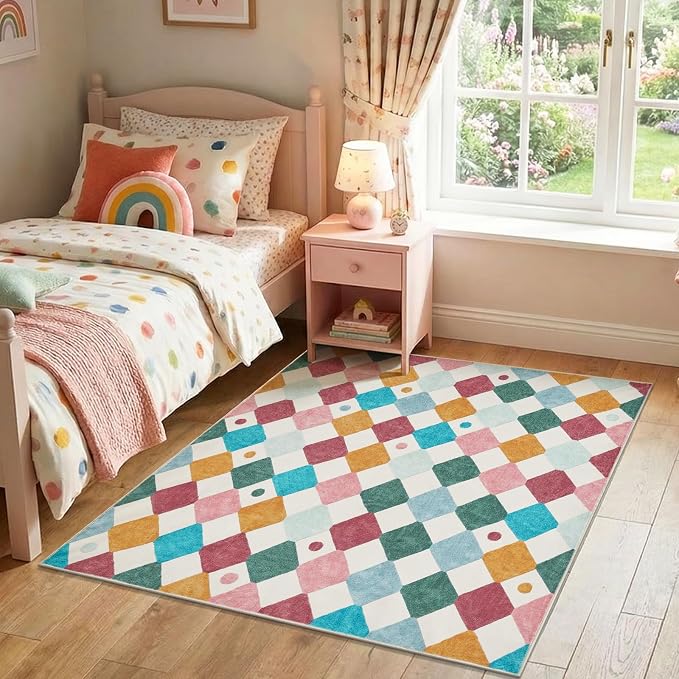 jinchan 6x6 Square Rug Washable Kids Playroom Rug Colorful Playmat Confetti | Soft, Non-Slip, Cute, Kid-Friendly, Checkered Diamond, Nursery, Bedroom, Classroom, Living Room, Daycare, Cream Background