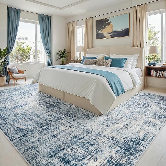 9x12 Washable Area Rug for Living Room Bedroom: Non-Slip Modern Blue Gold | Machine Washable TPR Backing, Stain-Resistant Low Pile, Pet & Kid Friendly, Abstract Decor for Dining Room, Dorm, Home Office