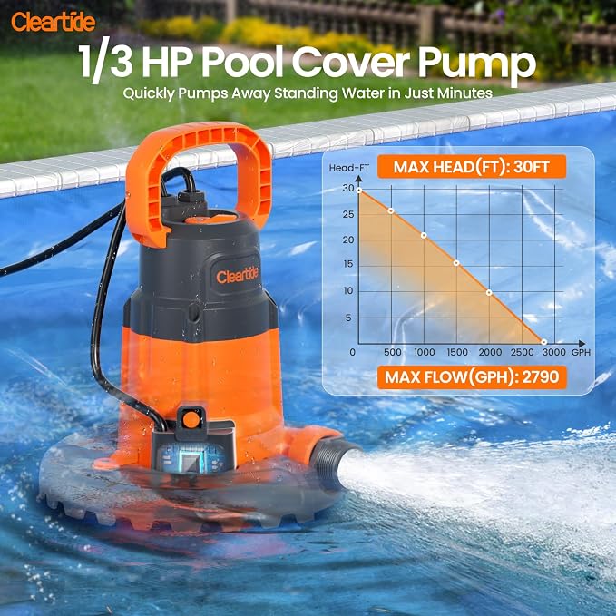 Cleartide Smart Automatic Water Pool Cover Pump,Submersible Pump Removes Water from Inground/Above Ground Winter Swimming Pools, 1/3 HP 2790 GPH, Auto On/Off & Freeze Protection, 25ft Cord, 120V AC