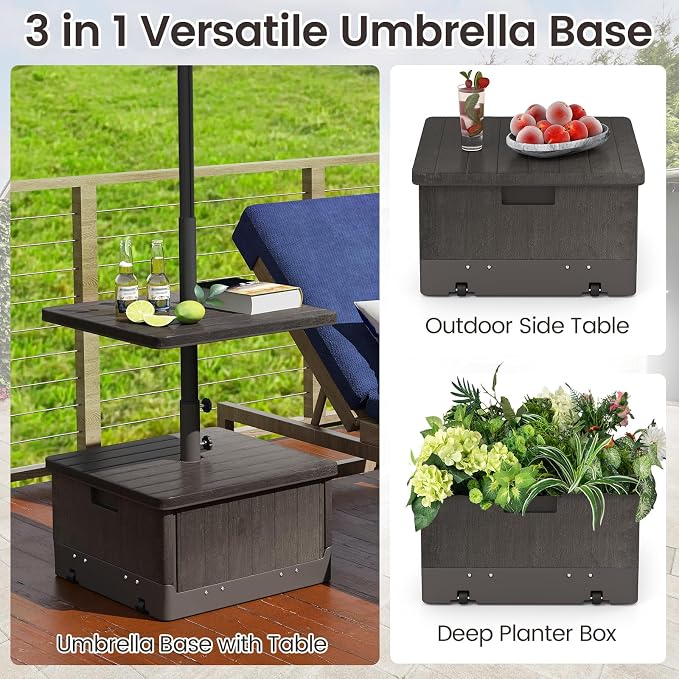 Tangkula 3-in-1 Patio Umbrella Base, 175 LBS Moveable Umbrella Stand w/Table Tray & Weighted Bag, Side Handles, HDPE Frame, 2 Pole Adapters, Garden Coffee Table Planter Box (Brown)
