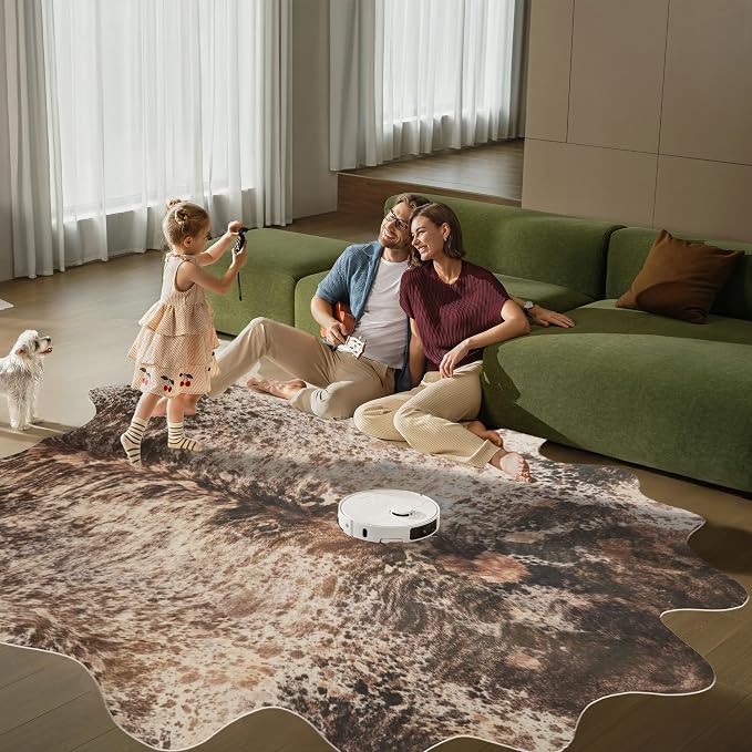 Brown Large Faux Cowhide Rug 6.2x7.6ft Washable Cowhide Rug | No-Slip Low Pile Animal Print Western Decor for Living Room Bedroom Kitchen Bathroom-No Fur