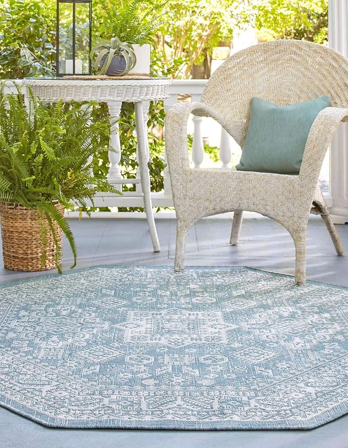 Unique Loom Outdoor Aztec Collection Area Rug - Chalca (7' 10" Octagon, Aqua/ Ivory)