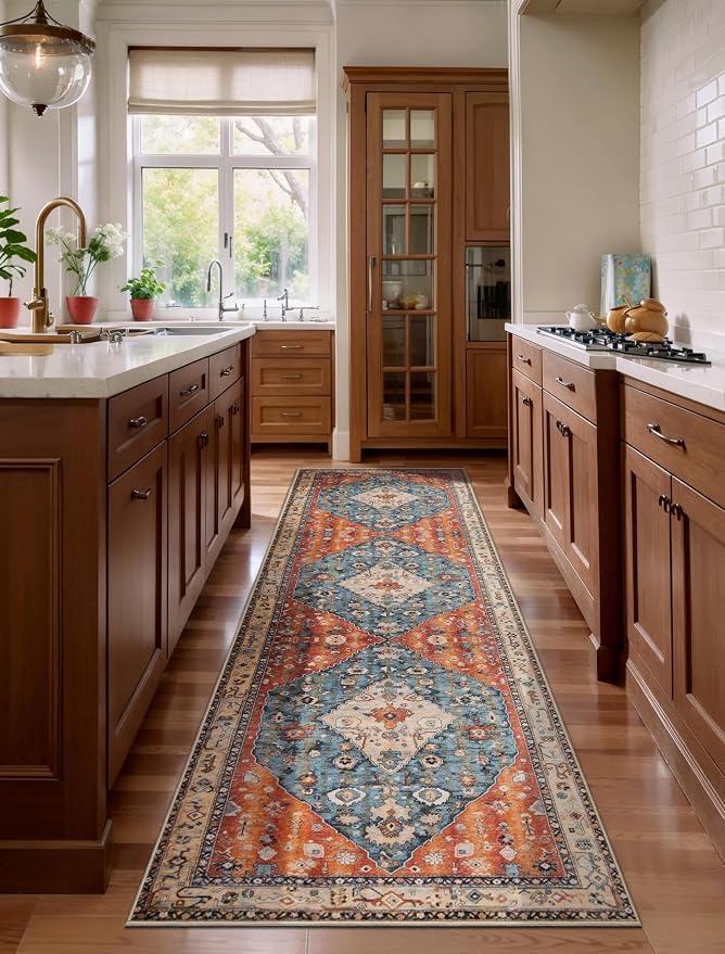 SERISSA 3x8 Washable Non Slip Boho Runner Rug for Hallway | Ultra Soft Vintage Oriental Carpet Low-Pile Tribal Floor Carpet for Stair Kitchen Bedroom Bathroom Laundry Room