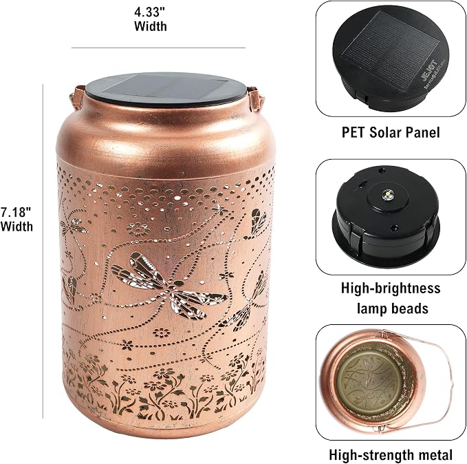 JEJOT Dragonfly Solar Lanterns Outdoor Waterproof, Mothers Day Gifts, Birthday Gifts for Women Mom Grandma,Metal Hanging Solar Lantern for Yard,Garden,Porch Landscape Deconrations-2 Pack