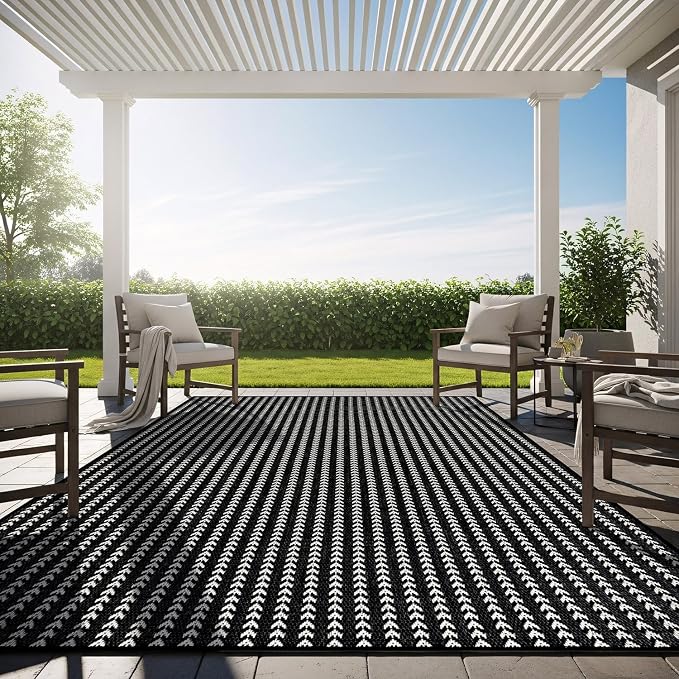 Washable Outdoor Rug 8x10 Modern Area Rugs Outdoor Carpets Striped Pattern Non Shedding Waterproof Easy Clean Patio Deck Porch Living Room Bedroom Garden RV (8 X 10 Black)