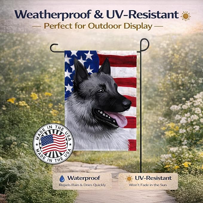 Caroline's Treasures CK6631GF Norwegian Elkhound Dog American Flag Garden Flag Mailbox Flag Decorative Yard Flag Banner Outside Patio Artwork Yard Flower Beds, Garden Size, Multicolor