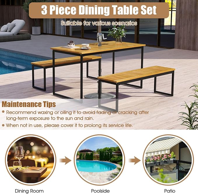 HAPPYGRILL Acacia Wood Patio Dining Bench Set of 2, Outdoor Bench with U-Shaped Metal Legs, Adjustable Foot Pads, 800 LBS Farmhouse Bistro Bench for Dining Room, Garden, Poolside