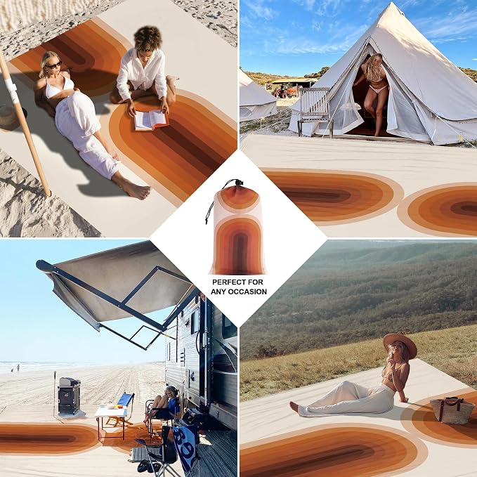9 ft×10 ft Extra Large Waterproof Sandproof Beach Blanket for 8 Adults, Outdoor Beach Mat with 4 Stakes, 210T Polyester Lightweight Foldable Picnic Blanket for Travel, Camping, Hiking