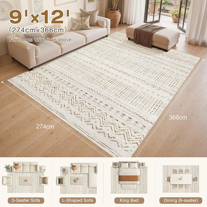 cotiled Boho 9x12 Area Rug for Living Room: Large Moroccan Washable Rug | Stain Resistan Carpet for Bedroom Farmhouse Dining Room Brown Cream