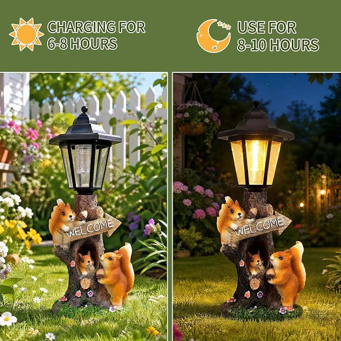 Solar Squirrel Garden Statue, Outdoor Decor with LED Lantern for Patio Lawn Pathway Landscape Decoration Gifts for Mother's Day Birthday Housewarming