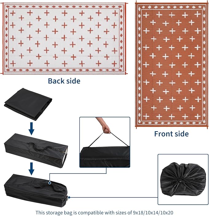 Outdoor Patio Rug 9x18 Waterproof Outside Area Rugs Modern Reversible Plastic Straw Carpet for RV Deck Camping Entryance Porch Picnic Balcony Beach，Orange/White
