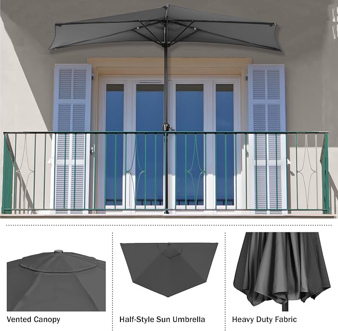 Half Umbrella Outdoor Patio Shade - 9 ft Patio Umbrella with Easy Crank - Small Canopy for Balcony, Table, or Deck by Pure Garden (Gray)