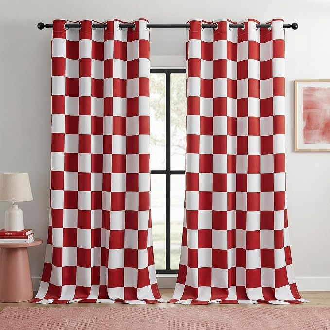 100% Blackout Checkered Curtains – 2 Panels, Each W52×L96, Thermal Insulated, Nosie Reducing for Bedroom, Modern Cabin Red and White Checkerboard Design