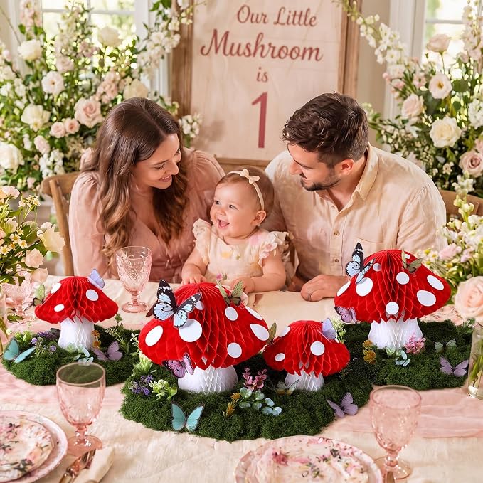 Fairy Garden Accessories Kit Set Include 6 Large 3D Forest Mushroom Honeycomb Table Centerpiece Decor, 20 Fake Flowers Plants, 3.5oz Moss, 36 Butterflies for Fairy Garden Birthday Party Decor