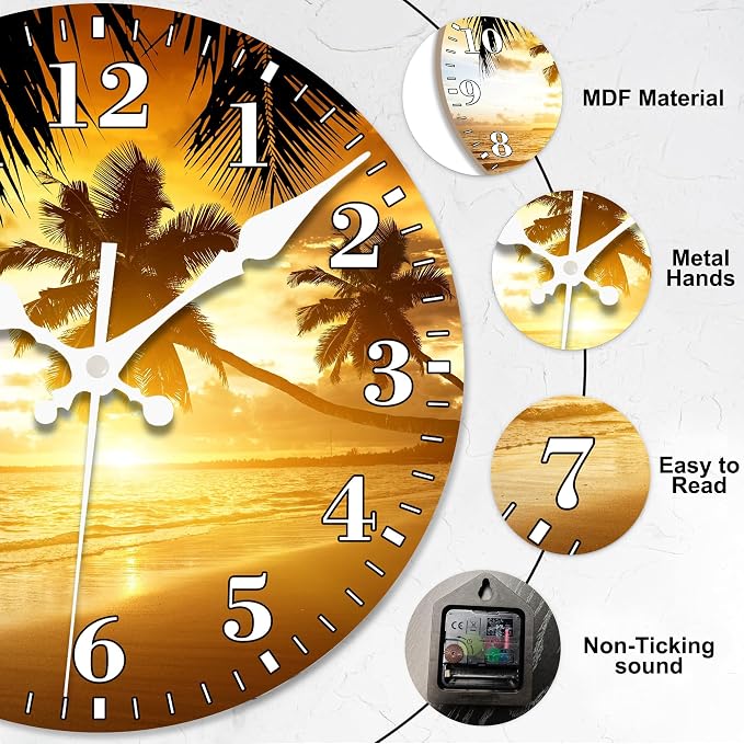 Wall Clocks Battery Operated, Tropical Palm Tree and Sunset on Ocean Beach Silent Non Ticking Decorative Indoor Outdoor Wall Clocks for Living Room Kitchen Bedroom Bathroom 12"