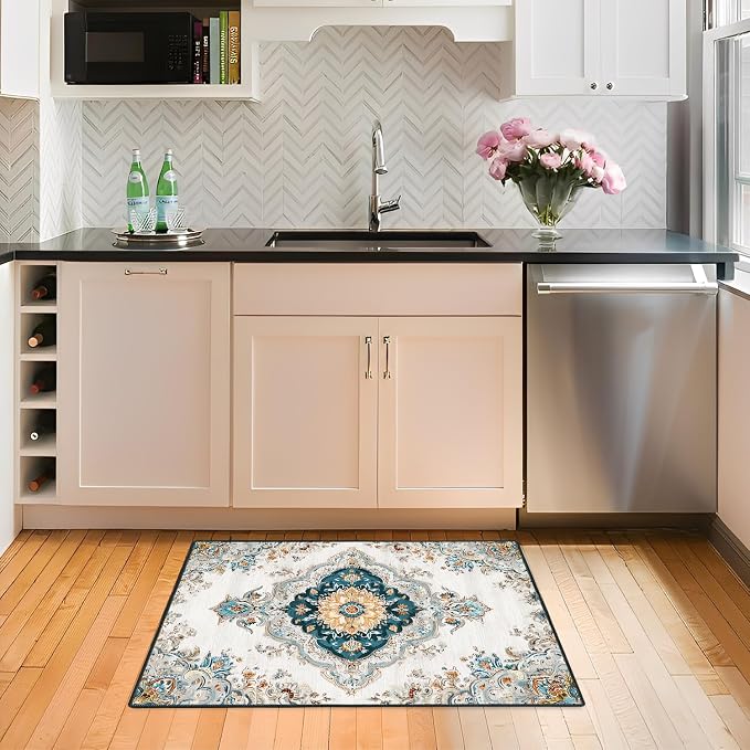 White Gold Floral 2x3 Entry Rug,Washable Small Rugs for Entryway Kitchen Bathroom Door Mat Indoor Entrance,Non Slip Rubber Backing, Stain & Fade Resistant,Elegant Traditional Persian Decor