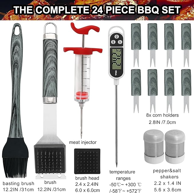 grilljoy 24PCS BBQ Grill Tools Set with Meat Thermometer and Injector - Extra Thick Stainless Steel Fork, Spatula& Tongs - Complete BBQ Accessories in - Perfect Grill Gifts for Father's Day