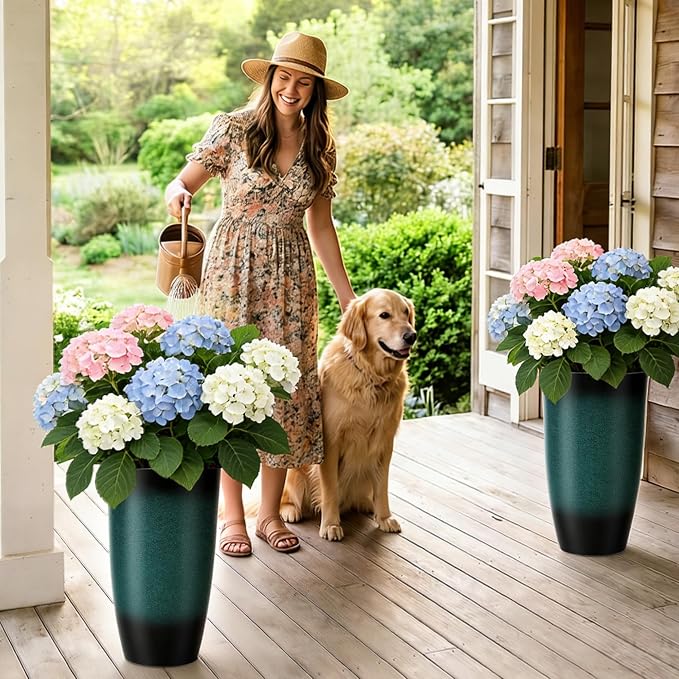 Autodaya 23.8" Tall Outdoor Planters Set of 2, Ceramic-Look Large Plastic Flower Pots with Drainage Holes, Gradient Turquoise Indoor Outdoor Plant Pots for Porch Patio Balcony Garden Home Decor