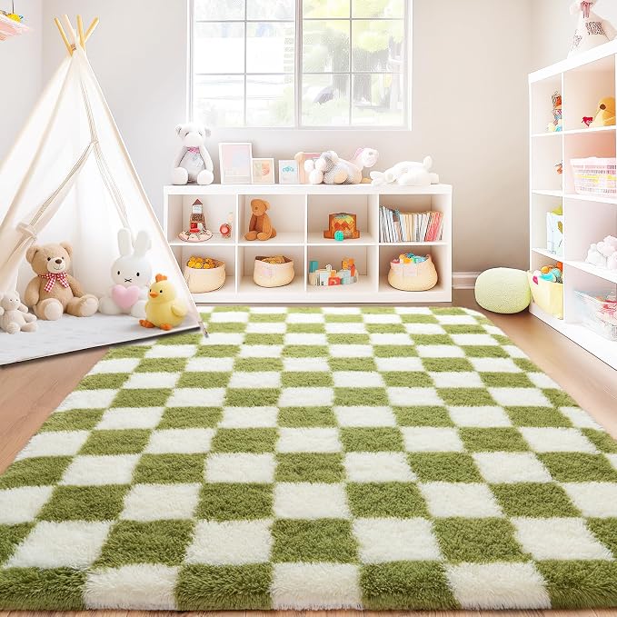 Checkered Rug for Living Room 6x9, Ultra Fluffy Fuzzy Shag Large Area Rug for Bedroom, Modern Plush Soft Upgrade Non-Slip Carpet for Kids Girls and Boys Room Dorm Home Decor, Cream and Green