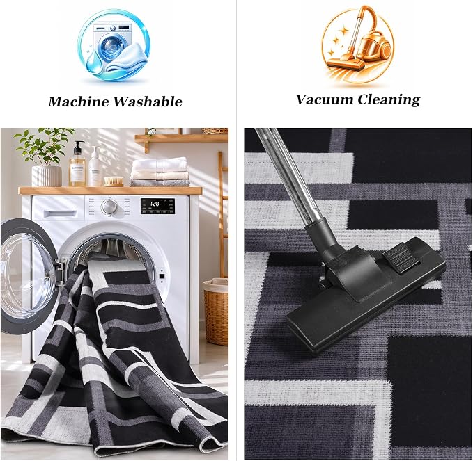 Modern Geometric Area Rug for Living Room, Charcoal Black Washable Rugs 5x7 | Black White Grey Patchwork Blocks Non-Slip Indoor Carpet for Bedroom Dining Room Office | Contemporary Abstract Low-Pile