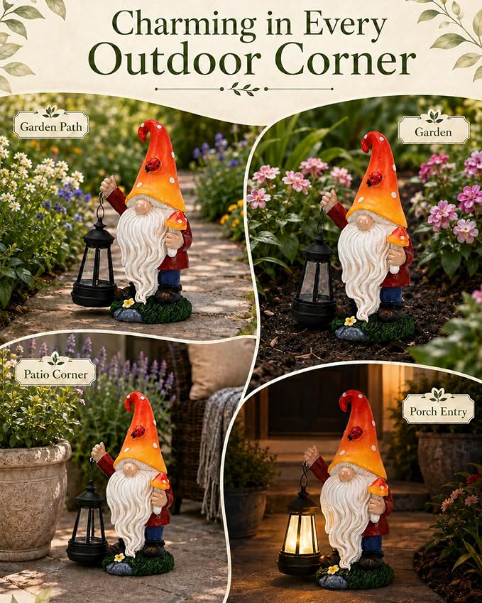 Solar Mushroom Gnome Garden Decor: Outdoor Sculpture with Lantern | IP65 Weatherproof for Yard Balcony Porch Lawn Birthday Gifts for Mom Women Grandma