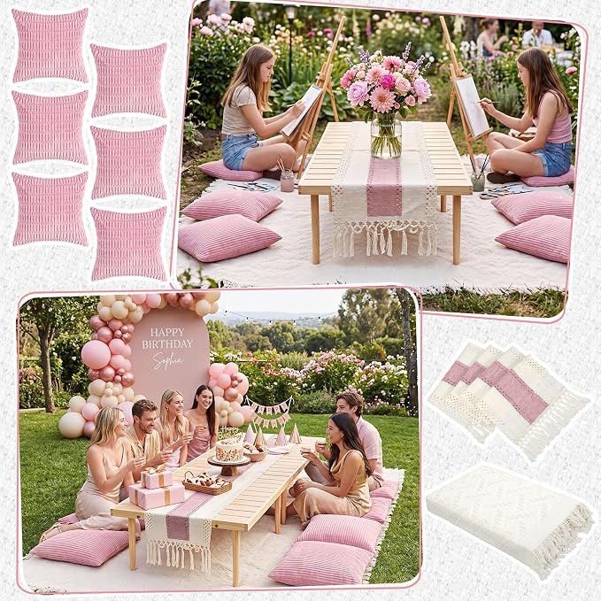 Beeveer 8 Pcs Light Pink Picnic Kit Extra Large Outdoor Boho Picnic Blanket 91x71'', Low Table Runner, 6 Throw Pillow Covers, Woven Cotton Yarn Oversize Washable Beach Blanket for Camp Wedding Garden