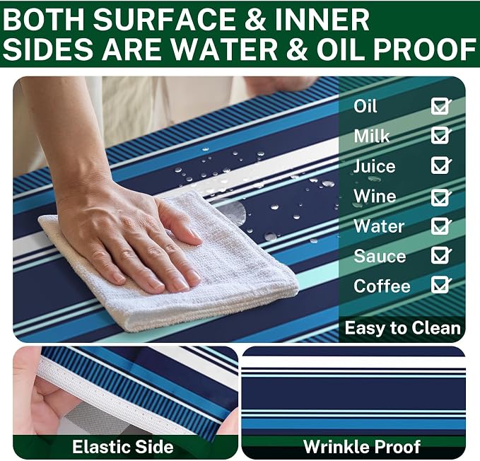 Picnic Table Cover with Bench Covers Elastic Edges, Blue Stripes Camper Fitted Table Cover, Outdoor Patio Camping Essentials 72 Inch 3PCS, Waterproof Camping Fitted Tablecloth with Drawstring Bag
