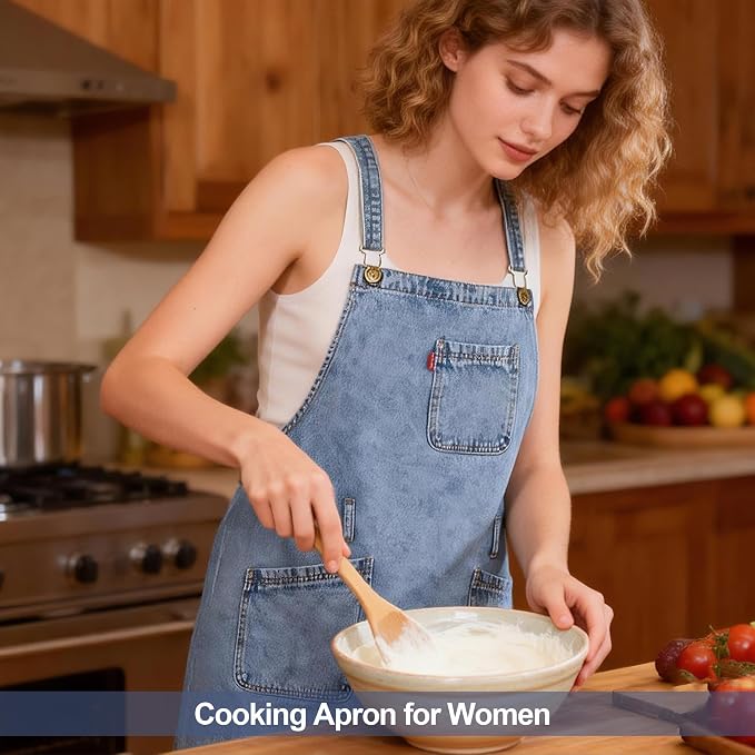 Denim Chef Apron for Women with Pockets, Jean Waitress Server Kitchen Apron for Men Cooking Gardening Painting