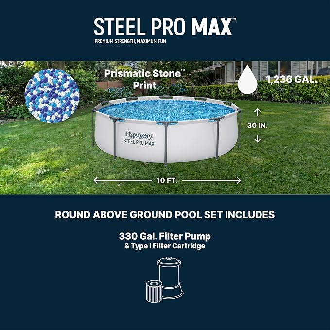 Bestway Steel Pro MAX 10' x 30" Above Ground Pool, Round Metal Frame Outdoor Swimming Pool Set with Filter Pump & Type I Cartridge, Gray