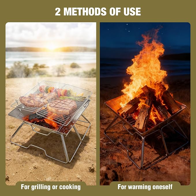 Portable Fire Pit with Grill for Camping, Heavy Duty Collapsible Foldable Fire Pit with Campfire Grill & Carry Bag for Outdoor, Backyard, Patio, Picnic, BBQ