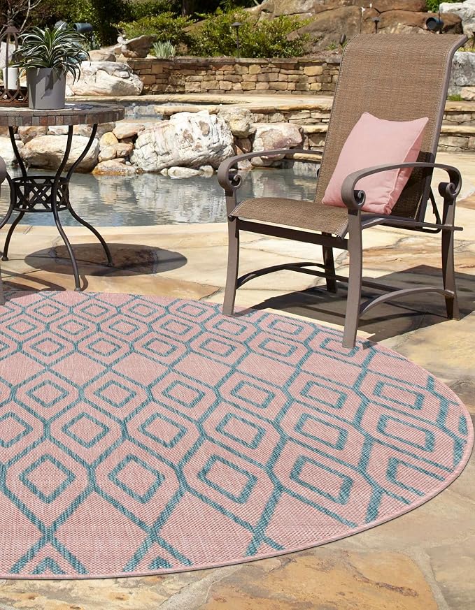Jill Zarin Outdoor Collection Area Rug - Turks and Caicos (3' 3" Round Pink and Aqua/Light Blue)
