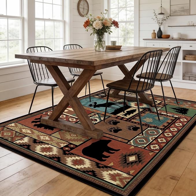 Rustic Cabin Area Rug 5x7 ft Southwestern Lodge Bear Moose Non Slip