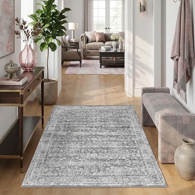 Latte&Fog 4x6 Area Rugs for Living Room, Vintage Washable Grey Rug | Non Slip Low Pile Soft Floral Cute Carpet for Dining Kitchen Kids Playroom Nursery Guest Room Classroom Dorm Farmhouse Office