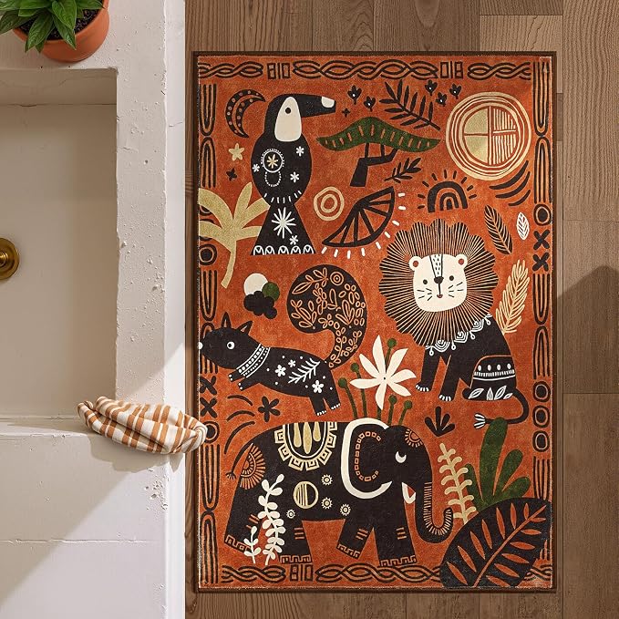jinchan 2x3 Cute Area Rug Kids Washable Fun Rug Terracotta Boho Jungle Mat | Soft, Cozy, Non-Slip, Kid-Friendly, Safari, Lightweight, Entryway, Kitchen, Dorm, Bedroom, Laundry Room, Bathroom, Nursery