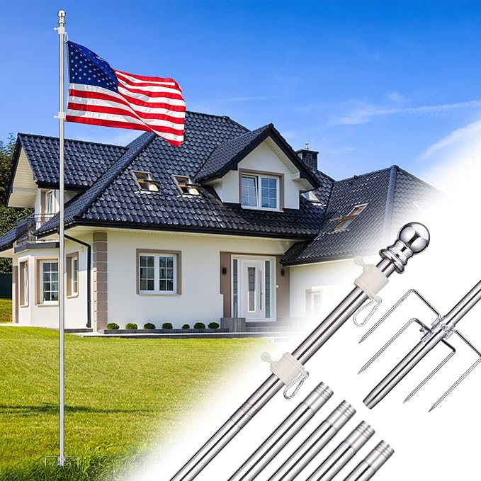 Flag Pole for Outside House in Ground - 9 ft Adjustable,5 Pronges Stake Base - Heavy Duty Inground Flag Pole Kit for Front Yard Garden Outdoor Camper, 1" Portable Flagpoles Residential Stand