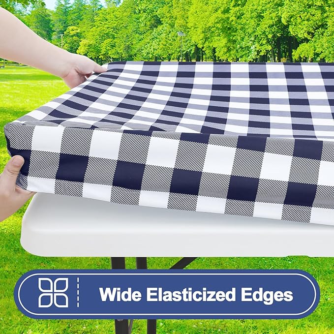 Smiry Picnic Table Cover with Bench Covers, Waterproof Elastic Fitted Tablecloths for 24x48 Rectangle Tables, Washable Buffalo Plaid Tablecloth for Camping, Outdoor (Navy & White, 24" x 48")