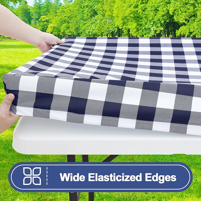 Smiry Picnic Table Cover with Bench Covers, Waterproof Elastic Fitted Tablecloths for 5 Foot Rectangle Tables, Washable Buffalo Plaid Tablecloth for Camping, Outdoor (Navy & White, 30"x60")