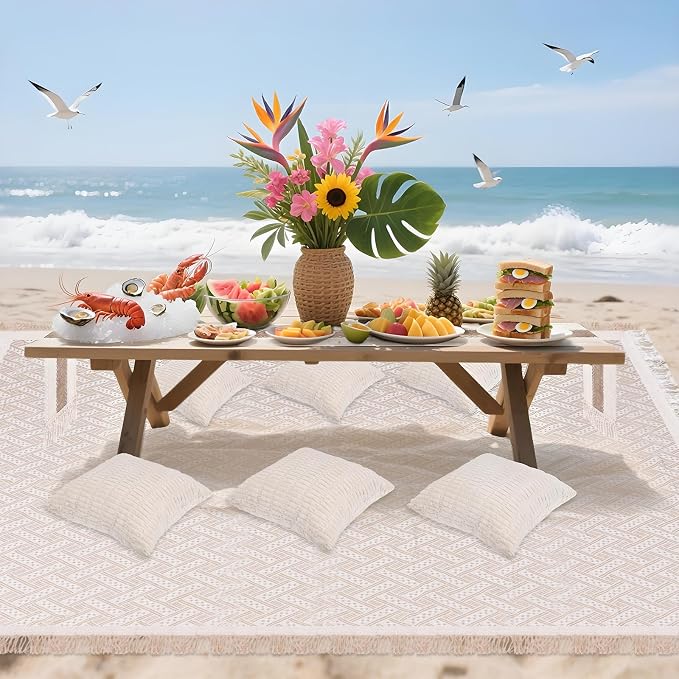 Foxtell 5.9x7.5ft Extra Large Outdoor Boho Picnic Blanket with White Table Runner & 6 Pillow Covers, Machine Washable Picnic Blankets Outdoor Blanket for Summer Picnic Camp Beach Wedding
