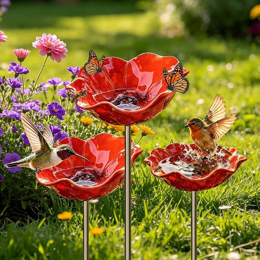 3Pcs Mini Bird Bath for Outsides, Handmade Metal Flower Garden Stake Birdbaths & Birdfeeder, Bird Baths Feeder Bowl for Outdoors Garden Patio Yard Lawn Decor,Decorative Gift for Nature Lovers