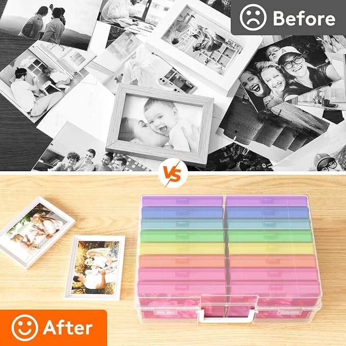 Lifewit 16 Pcs Photo Storage Box, Photo Albums 4x6 Pictures, Acid-Free Stackable Case with Labels, Trading Card Container for Sticker, Seed, Scrapbooking, Diamond Art, Classroom Supplies, Multicolor